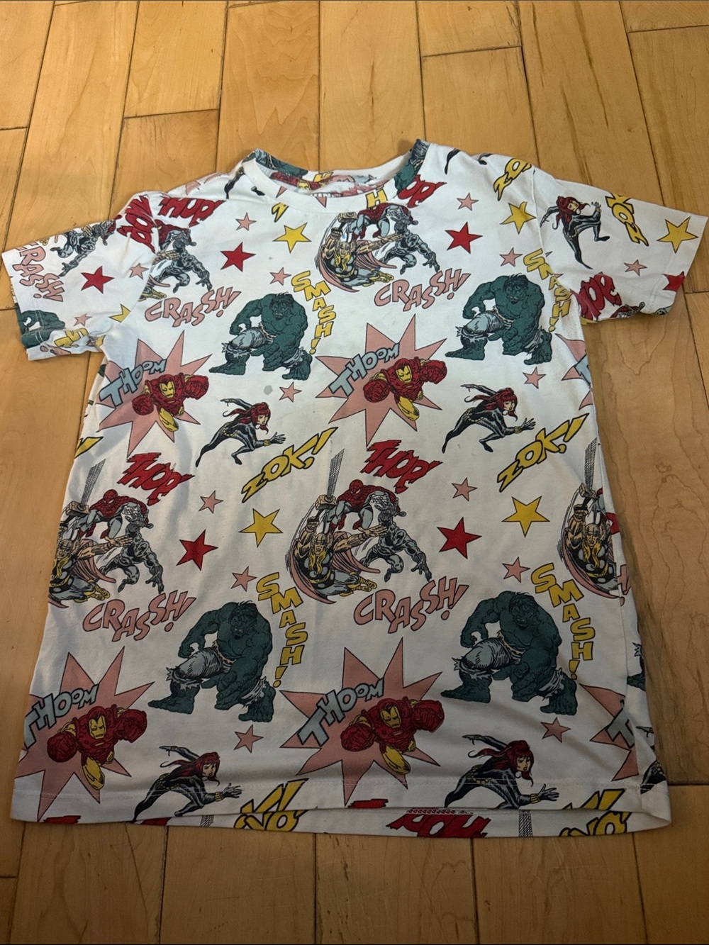 Marvel White Comic-Print Short Sleeve Tee with Red, Yellow & Green Accents